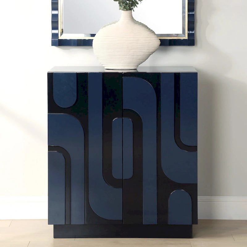 2-Door Glossy Blue Storage Cabinet with Two Fixed Interior Shelves, 34H inches