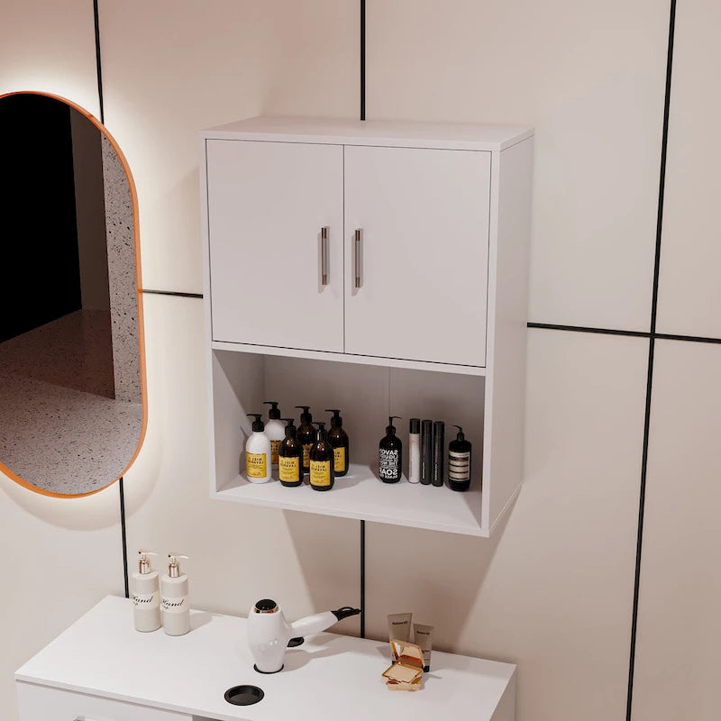 Wall-Mounted Floating Wood Storage Cabinet for Barber or Shampoo Station