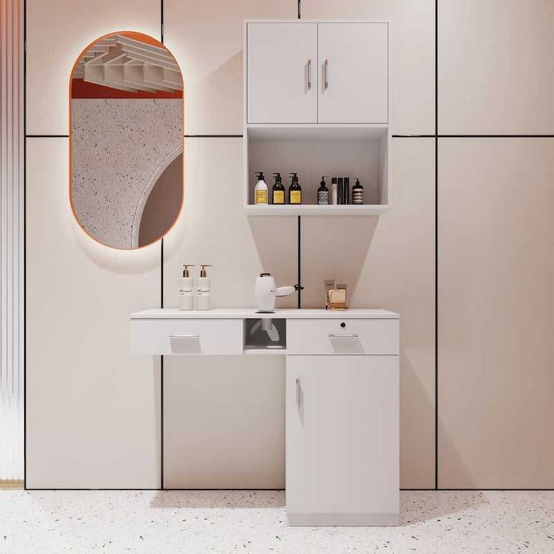 Wall-Mounted Floating Wood Storage Cabinet for Barber or Shampoo Station