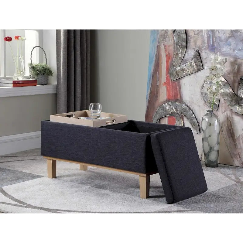 17-Inch Fabric Upholstered Flip-Top Storage Bench with Unfinished Wood Legs