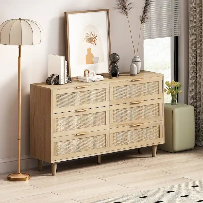 6-Drawer Rattan Storage Cabinet for Bedroom and Living Room, 51.18 inches Wide