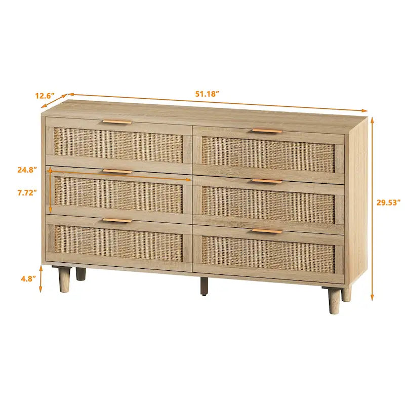 6-Drawer Rattan Storage Cabinet for Bedroom and Living Room, 51.18 inches Wide