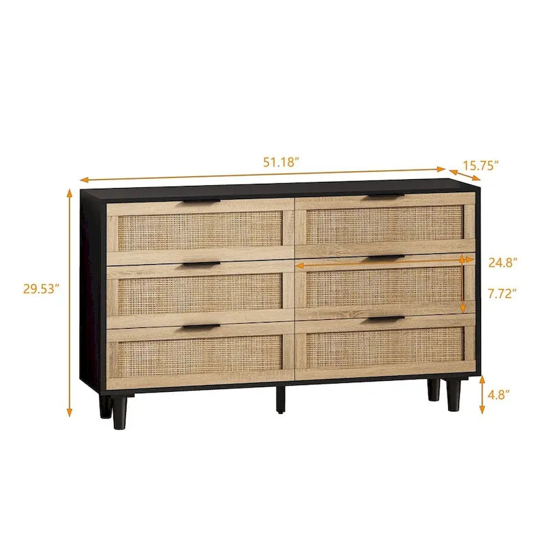 6-Drawer Rattan Storage Cabinet for Bedroom and Living Room, 51.18 inches Wide