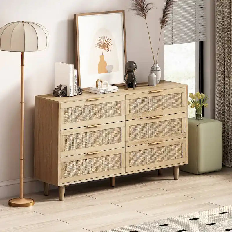 6-Drawer Rattan Storage Cabinet for Bedroom and Living Room, 51.18 inches Wide