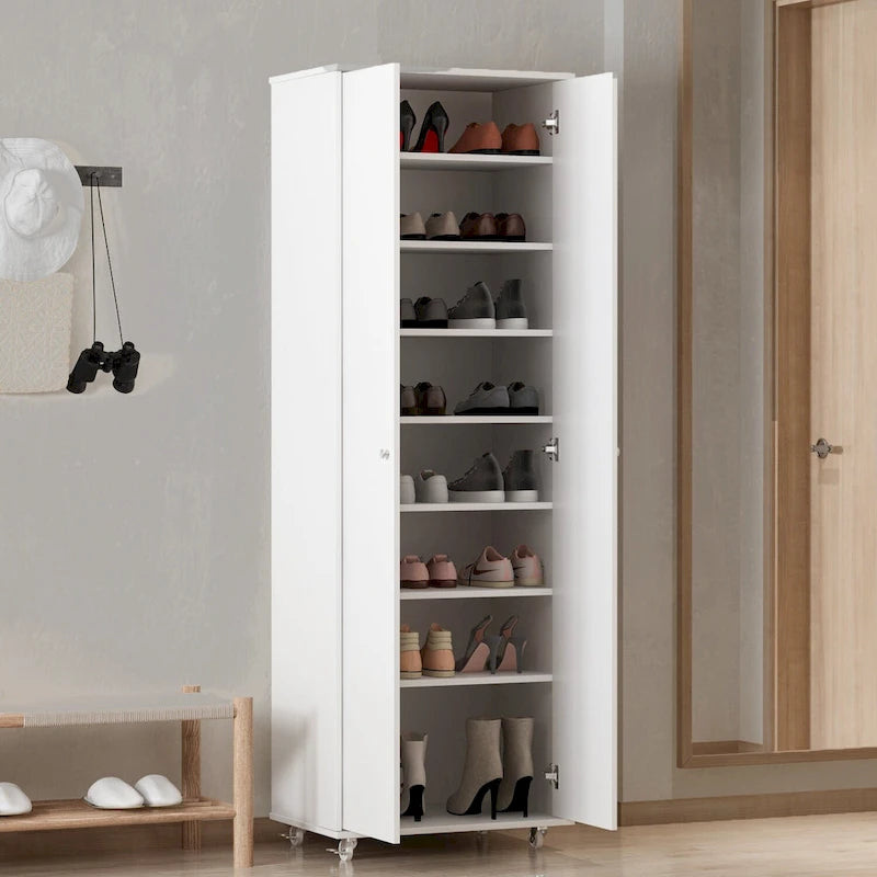 8-Tier Tall Shoe Cabinet with 3 Adjustable Shelves and Wheels, Holds 24 Pairs