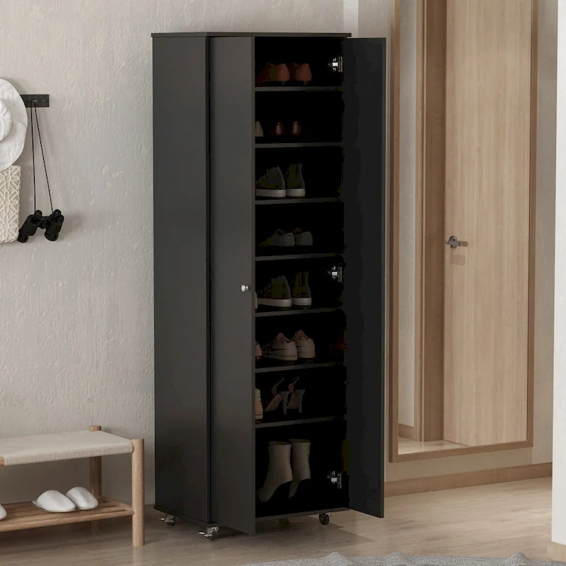 8-Tier Tall Shoe Cabinet with 3 Adjustable Shelves and Wheels, Holds 24 Pairs