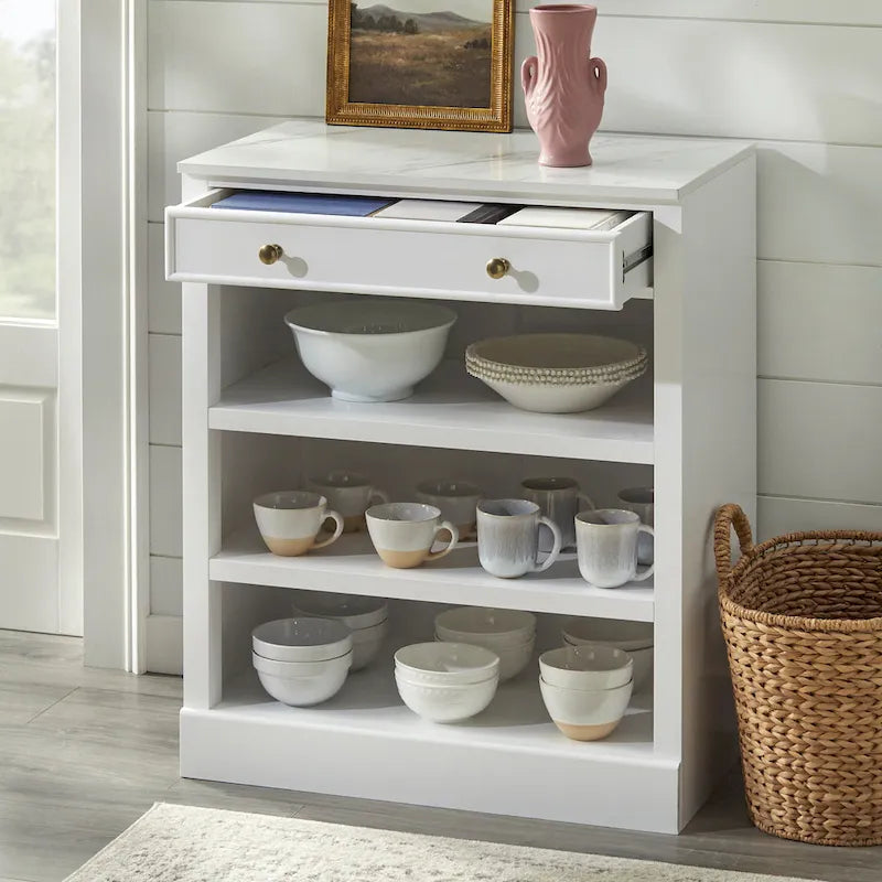 1-Drawer Storage Cabinet with 2 Fixed Shelves and Faux Marble Top, White Finish