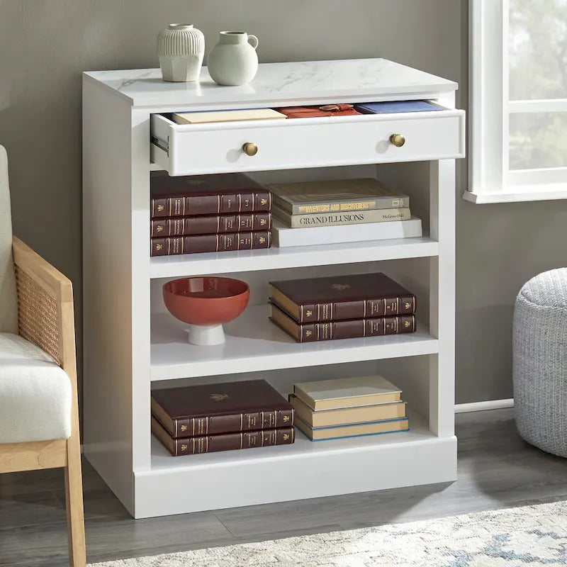1-Drawer Storage Cabinet with 2 Fixed Shelves and Faux Marble Top, White Finish