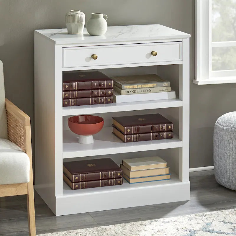 1-Drawer Storage Cabinet with 2 Fixed Shelves and Faux Marble Top, White Finish