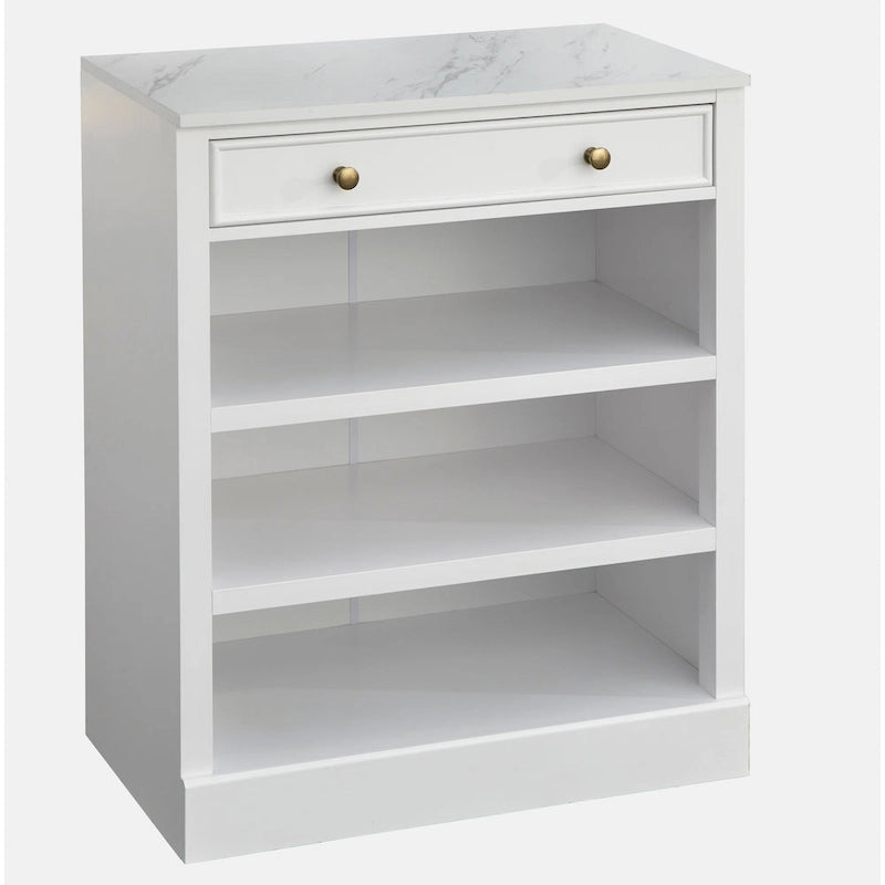 1-Drawer Storage Cabinet with 2 Fixed Shelves and Faux Marble Top, White Finish