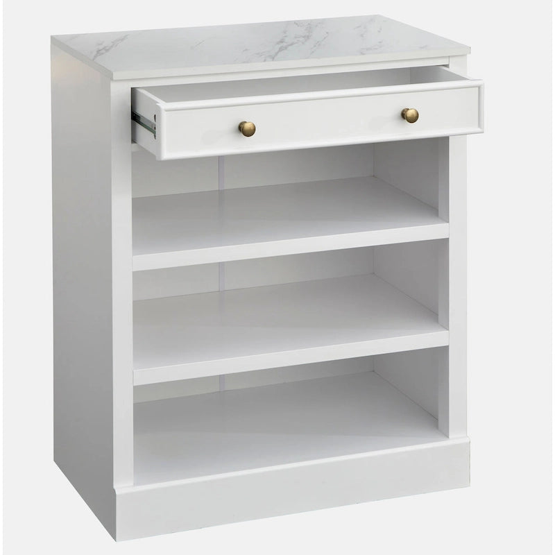 1-Drawer Storage Cabinet with 2 Fixed Shelves and Faux Marble Top, White Finish