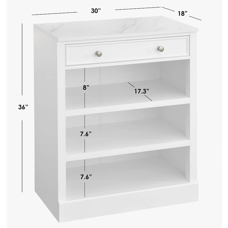1-Drawer Storage Cabinet with 2 Fixed Shelves and Faux Marble Top, White Finish
