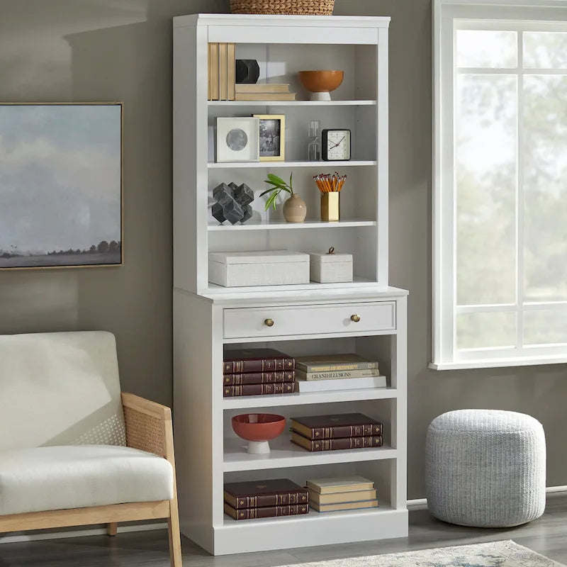 1-Drawer Storage Cabinet with 2 Fixed Shelves and Faux Marble Top, White Finish