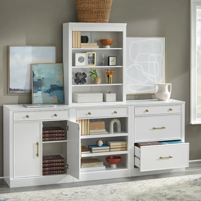 1-Drawer Storage Cabinet with 2 Fixed Shelves and Faux Marble Top, White Finish
