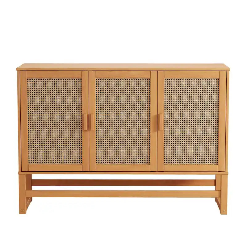 3-Door Rattan Weave Pine Wood Sideboard with 2 Divided Cabinets and Sled Base, 51x15x36