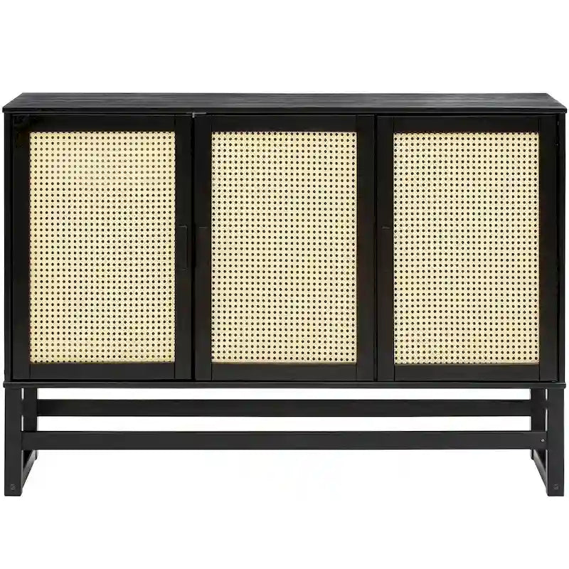 3-Door Rattan Weave Pine Wood Sideboard with 2 Divided Cabinets and Sled Base, 51x15x36