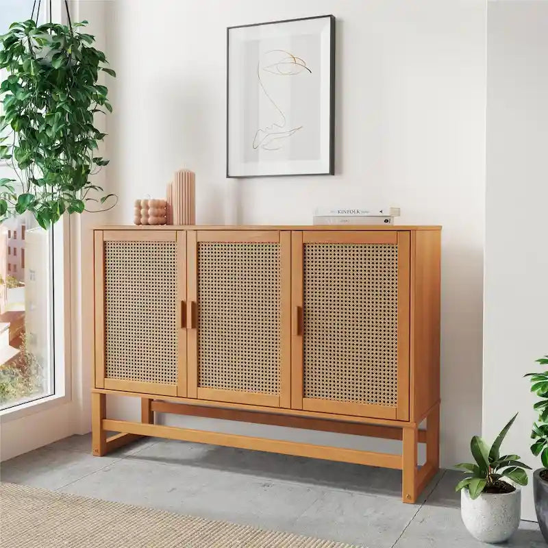 3-Door Rattan Weave Pine Wood Sideboard with 2 Divided Cabinets and Sled Base, 51x15x36