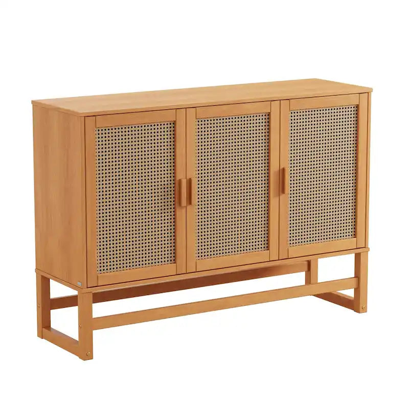 3-Door Rattan Weave Pine Wood Sideboard with 2 Divided Cabinets and Sled Base, 51x15x36