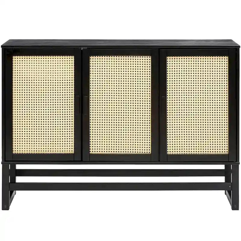 3-Door Rattan Weave Pine Wood Sideboard with 2 Divided Cabinets and Sled Base, 51x15x36