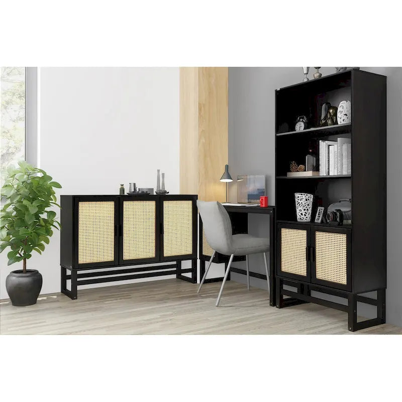 3-Door Rattan Weave Pine Wood Sideboard with 2 Divided Cabinets and Sled Base, 51x15x36