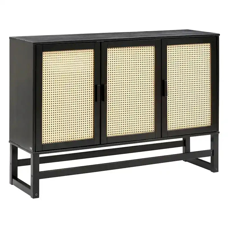 3-Door Rattan Weave Pine Wood Sideboard with 2 Divided Cabinets and Sled Base, 51x15x36