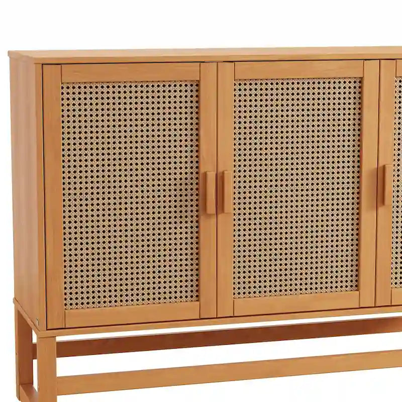 3-Door Rattan Weave Pine Wood Sideboard with 2 Divided Cabinets and Sled Base, 51x15x36