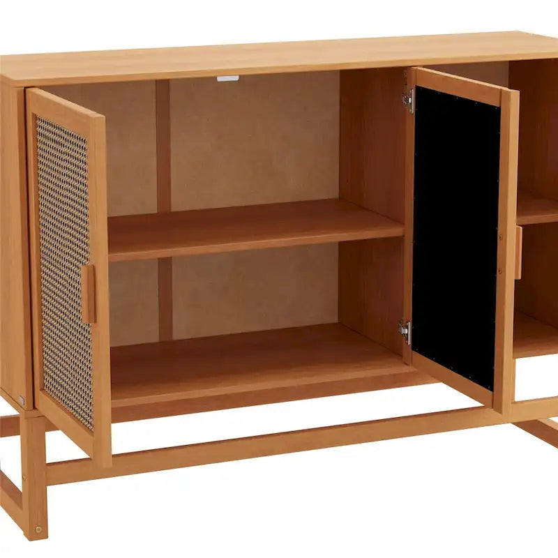3-Door Rattan Weave Pine Wood Sideboard with 2 Divided Cabinets and Sled Base, 51x15x36