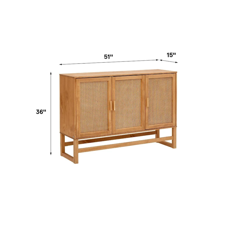 3-Door Rattan Weave Pine Wood Sideboard with 2 Divided Cabinets and Sled Base, 51x15x36
