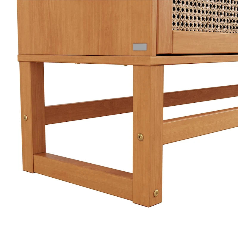3-Door Rattan Weave Pine Wood Sideboard with 2 Divided Cabinets and Sled Base, 51x15x36