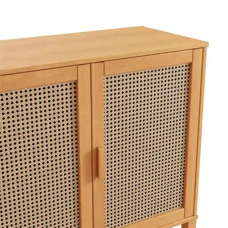 3-Door Rattan Weave Pine Wood Sideboard with 2 Divided Cabinets and Sled Base, 51x15x36