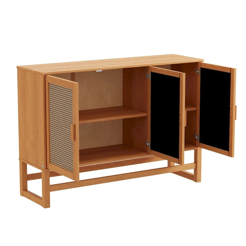 3-Door Rattan Weave Pine Wood Sideboard with 2 Divided Cabinets and Sled Base, 51x15x36