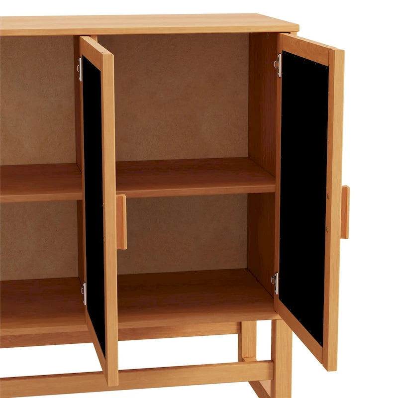 3-Door Rattan Weave Pine Wood Sideboard with 2 Divided Cabinets and Sled Base, 51x15x36