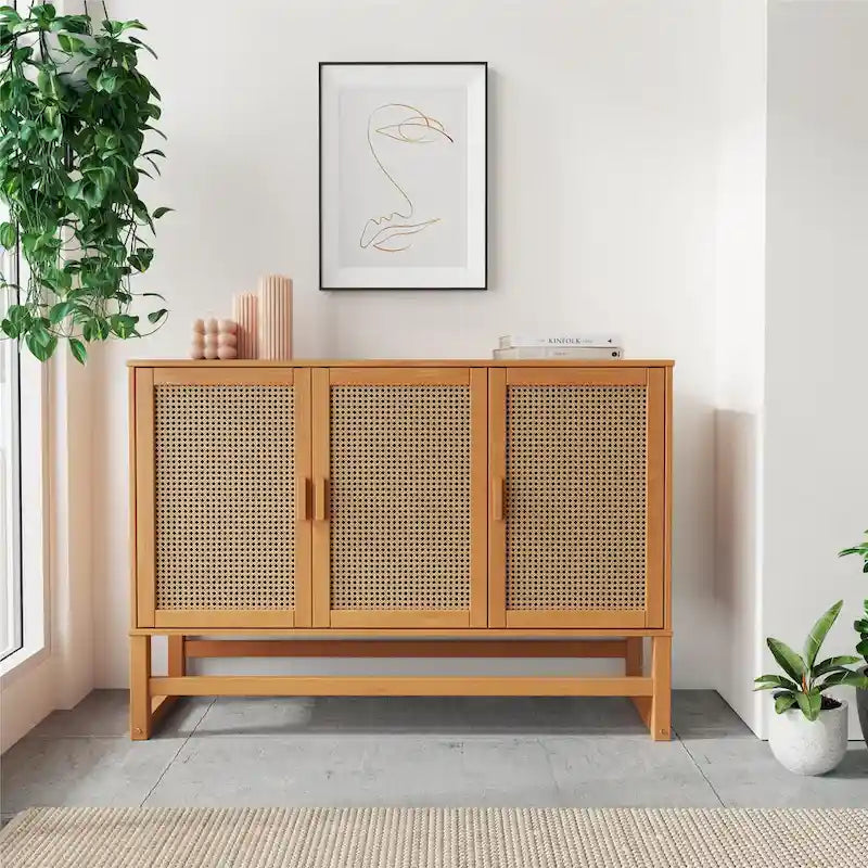 3-Door Rattan Weave Pine Wood Sideboard with 2 Divided Cabinets and Sled Base, 51x15x36