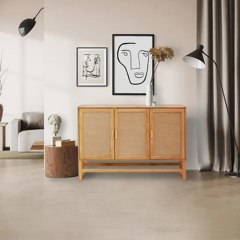 3-Door Rattan Weave Pine Wood Sideboard with 2 Divided Cabinets and Sled Base, 51x15x36