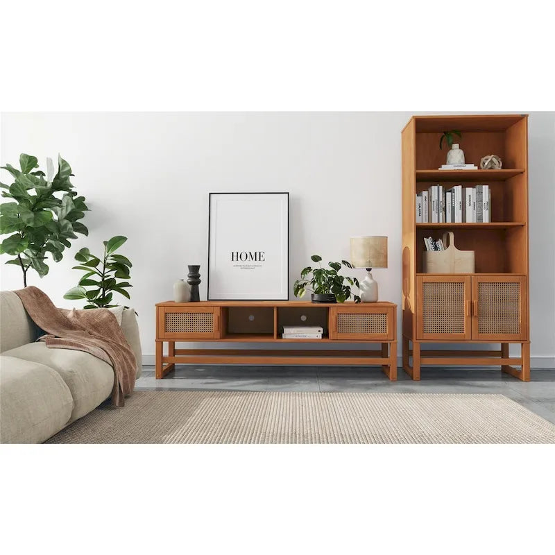 3-Door Rattan Weave Pine Wood Sideboard with 2 Divided Cabinets and Sled Base, 51x15x36