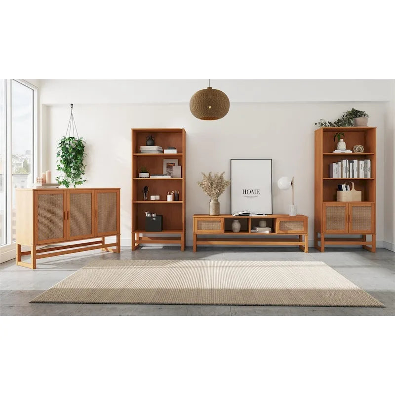 3-Door Rattan Weave Pine Wood Sideboard with 2 Divided Cabinets and Sled Base, 51x15x36