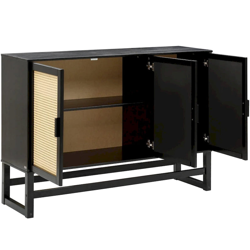 3-Door Rattan Weave Pine Wood Sideboard with 2 Divided Cabinets and Sled Base, 51x15x36