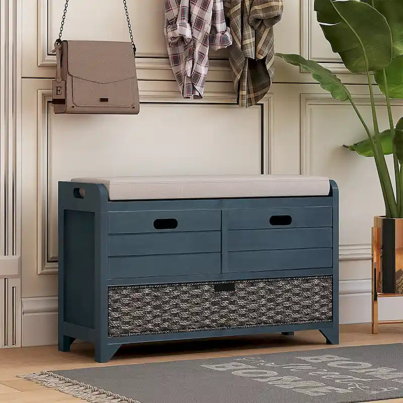 Storage Bench with Cushion, Removable Basket and 2 Drawers, Fully Assembled