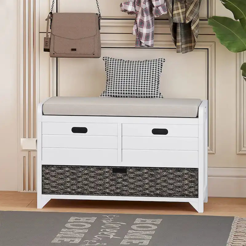 Storage Bench with Cushion, Removable Basket and 2 Drawers, Fully Assembled