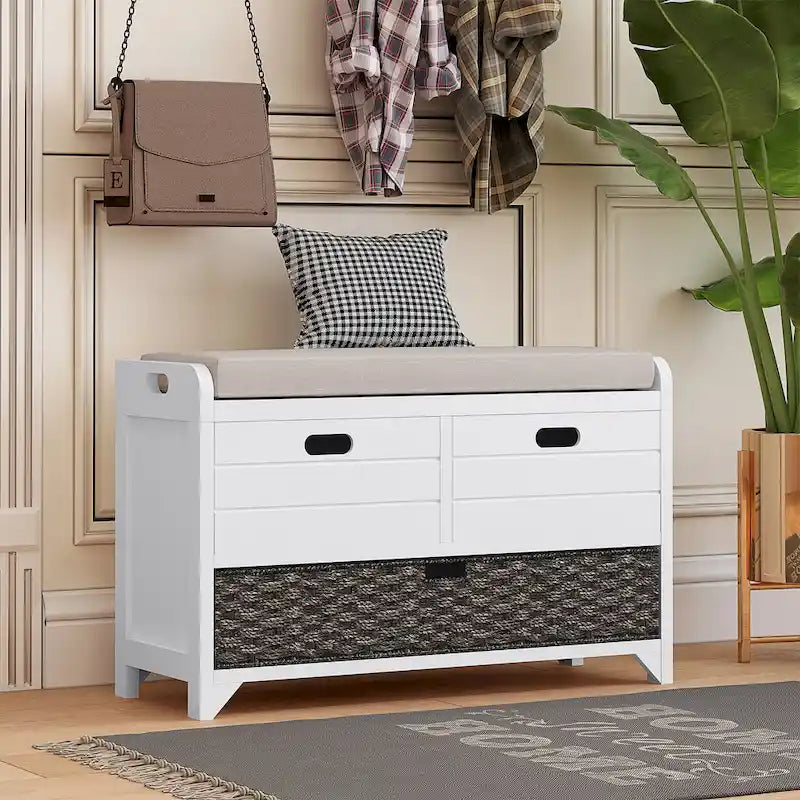 Storage Bench with Cushion, Removable Basket and 2 Drawers, Fully Assembled