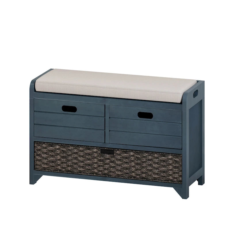 Storage Bench with Cushion, Removable Basket and 2 Drawers, Fully Assembled