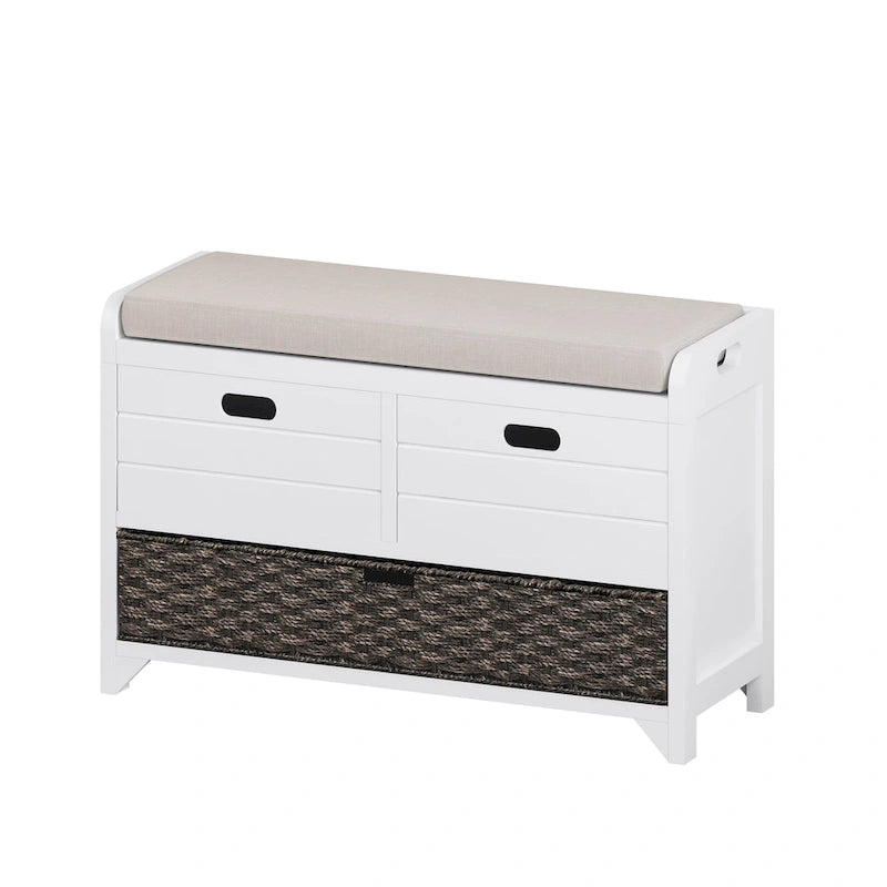 Storage Bench with Cushion, Removable Basket and 2 Drawers, Fully Assembled