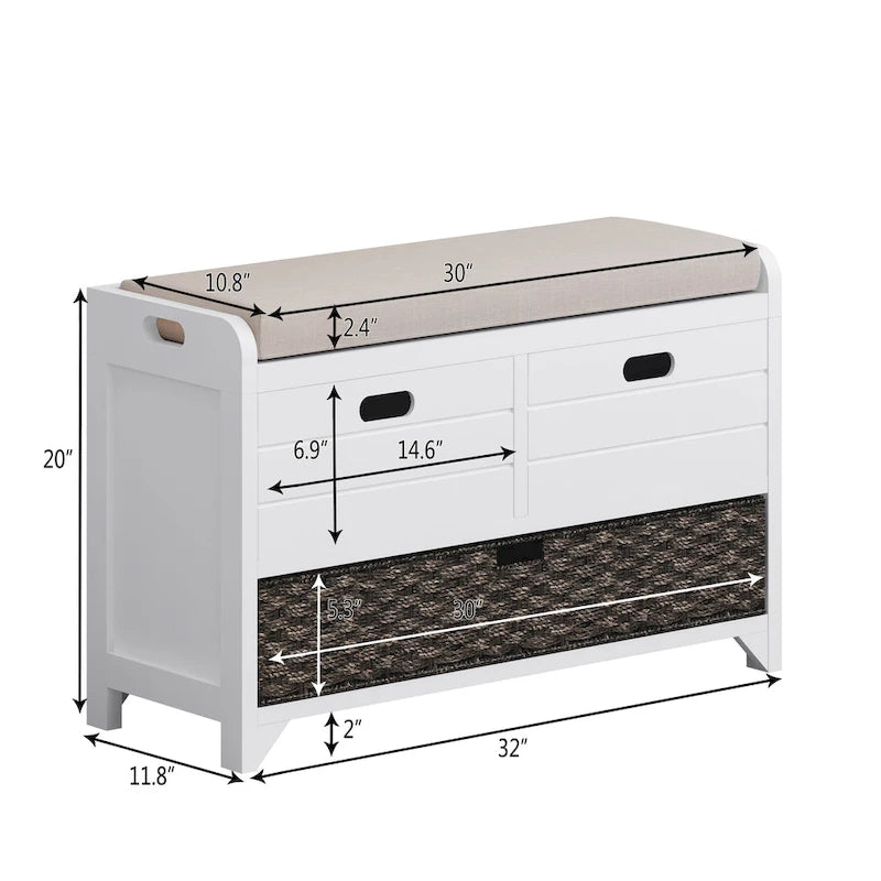 Storage Bench with Cushion, Removable Basket and 2 Drawers, Fully Assembled