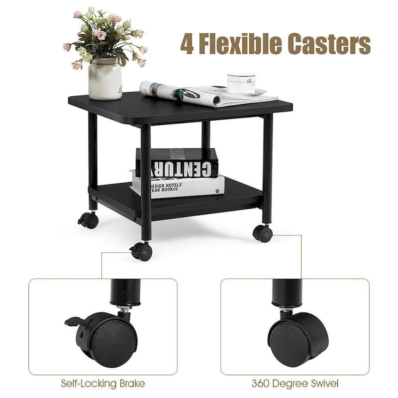 2-Tier Rolling Printer Cart Storage Stand Under Desk with Casters