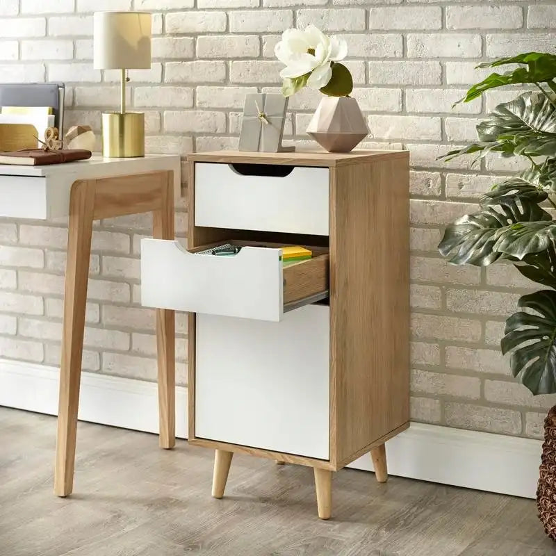 3-Drawer Metal Filing Cabinet with Mid-Century Style, Natural and White Finish, 15.7x15.1x31.7