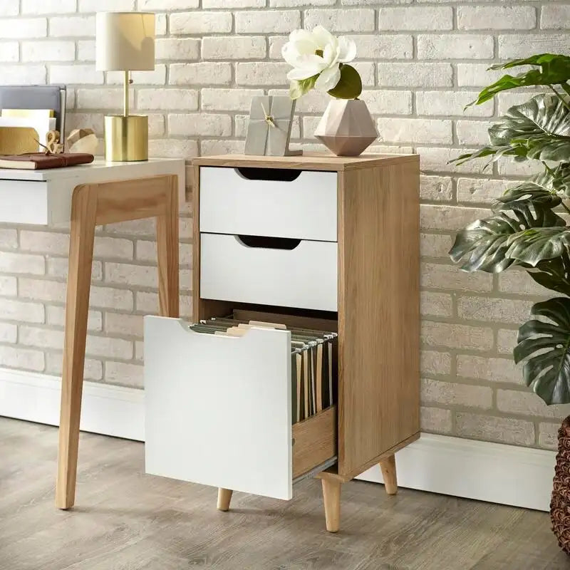 3-Drawer Metal Filing Cabinet with Mid-Century Style, Natural and White Finish, 15.7x15.1x31.7