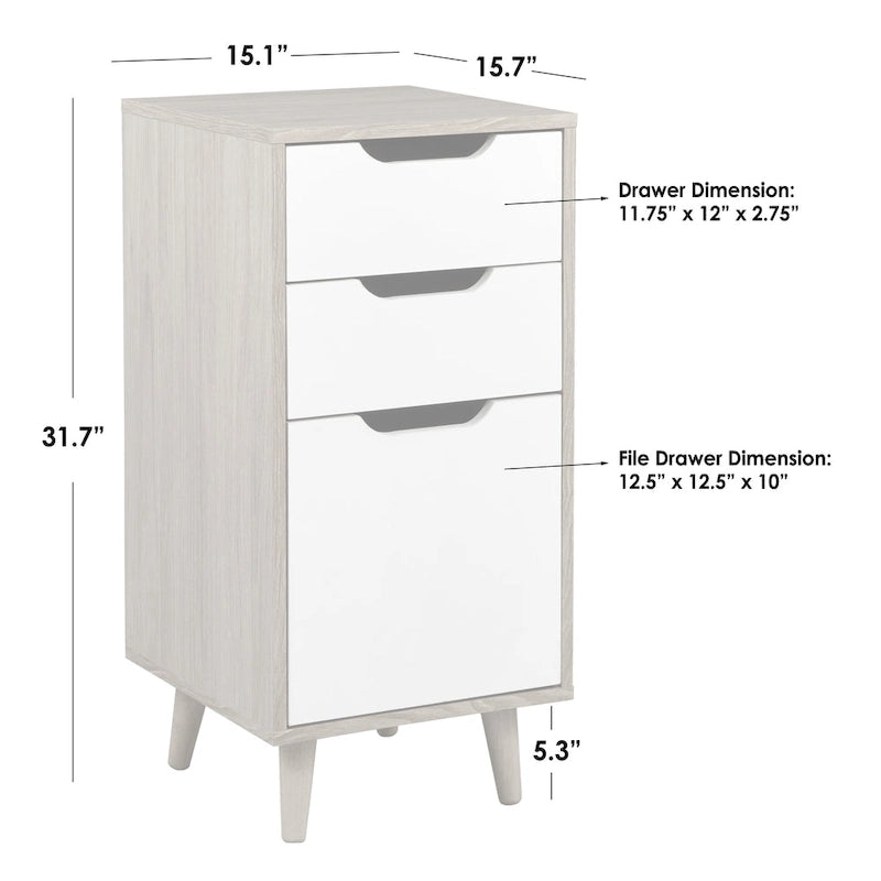 3-Drawer Metal Filing Cabinet with Mid-Century Style, Natural and White Finish, 15.7x15.1x31.7