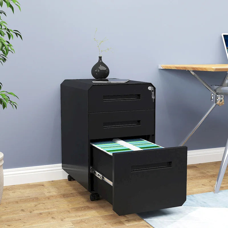 3-Drawer Mobile Steel File Cabinet with Locking Wheels, Matte Finish