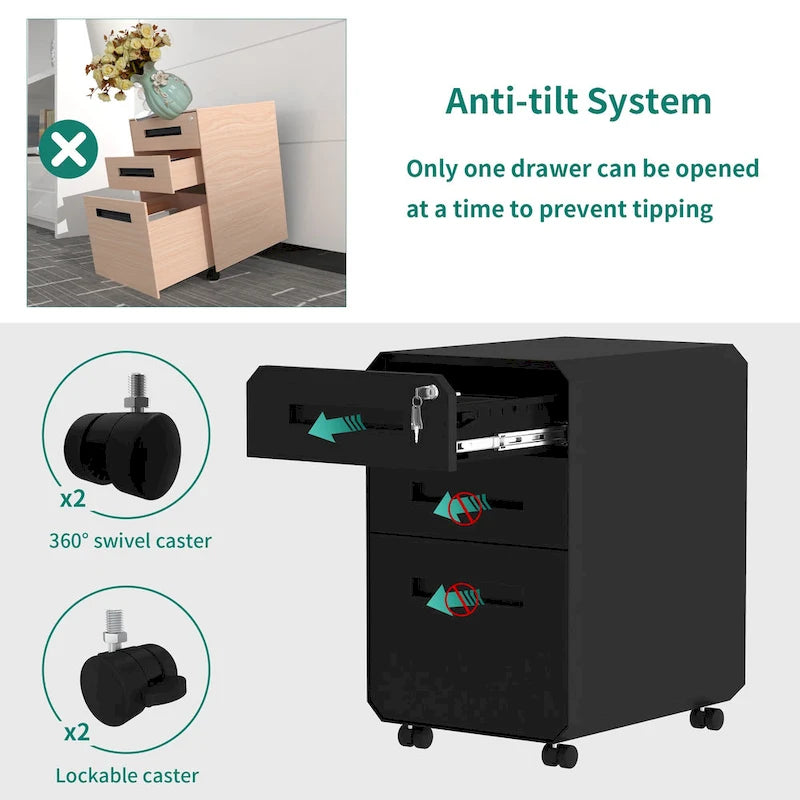 3-Drawer Mobile Steel File Cabinet with Locking Wheels, Matte Finish