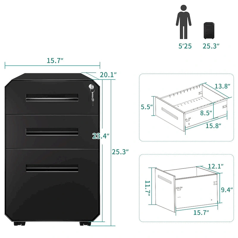3-Drawer Mobile Steel File Cabinet with Locking Wheels, Matte Finish